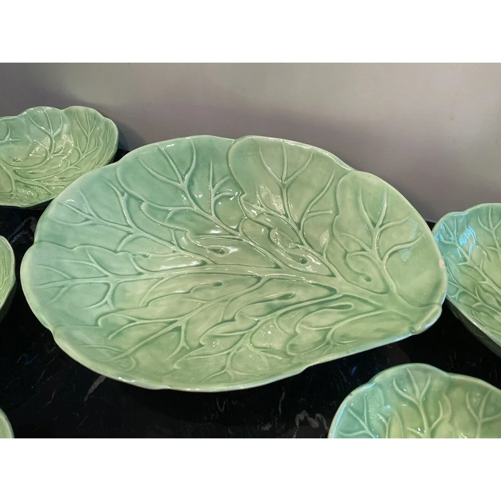 Green Cabbage Leaf Ceramic 7 Piece Salad Bowl Set